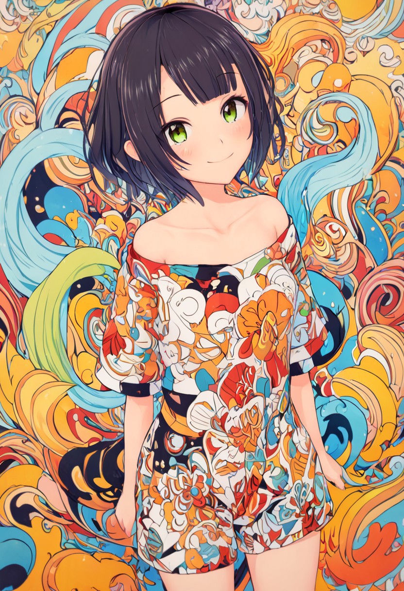 (masterpiece, best quality:1.2), highres, anime coloring, 1girl, solo, light smile, 
bangs, short black hair,collarbone, cute,happy,smile,artistic,surreal design,fullbody