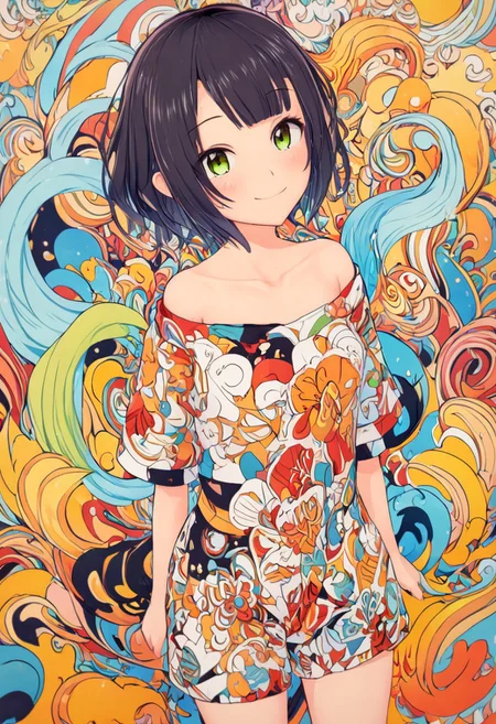 (masterpiece, best quality:1.2), highres, anime coloring, 1girl, solo, light smile,
bangs, short black hair,collarbone, cute,happy,smile,artistic,surreal design,fullbody
