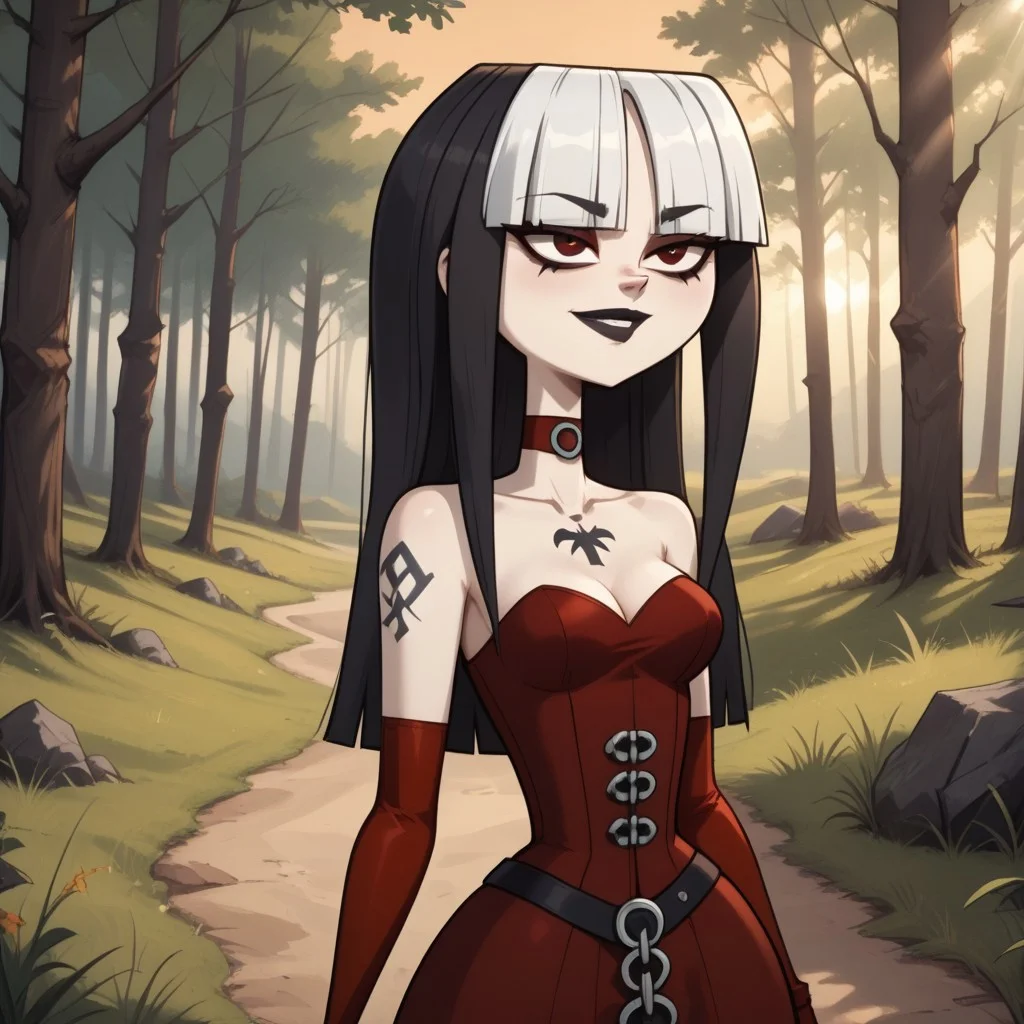 score_9, score_8, BREAK, solo, dark red corset, goth, blunt bangs, dark red gloves, long hair, red eyes, makeup, knee boots, high heel boots, fishnets, chest tattoo, choker, breasts, total drama, CrimsonTD, pale skin, white skin, black lips, lipstick, multicolored hair, black hair, white hair, sexy pose, self portrait, smile, outdoors, sunlight, shadows, evening lighting, natural lighting, forest, trees, grass, orange sky, sunset