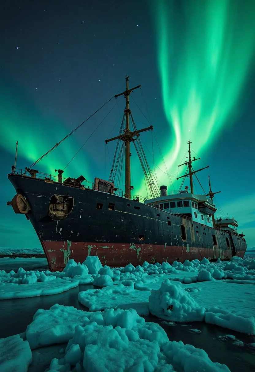 yfg-sm0rg, Nautical graveyard of wrecked ships half-buried in ice, swirling auroras dancing overhead