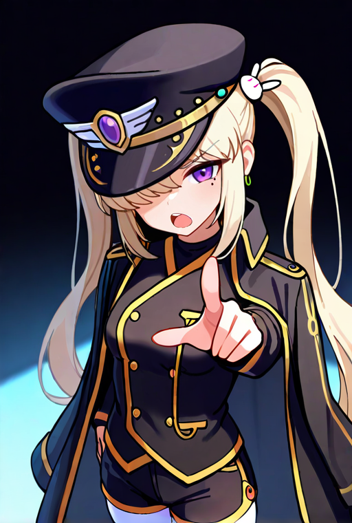 masterpiece, High quality, Ultra detailed, 2d, newest, absurdres, highres, BREAK
1girl, solo, <lora:Orchid:0.8>, orchid_(maplestory), very long hair, twintails, blonde hair, rabbit hair ornament, sidelocks, purple eyes, mole under eye, earrings, military hat, black headwear, hat_over_one_eye, 
small breasts, orchiddef, long sleeves, military uniform, jewelry, black coat, black short shorts, white thighhighs, black footwear, boots, black jacket, jacket on shoulders, 
upper body, open mouth, pointing at viewer,