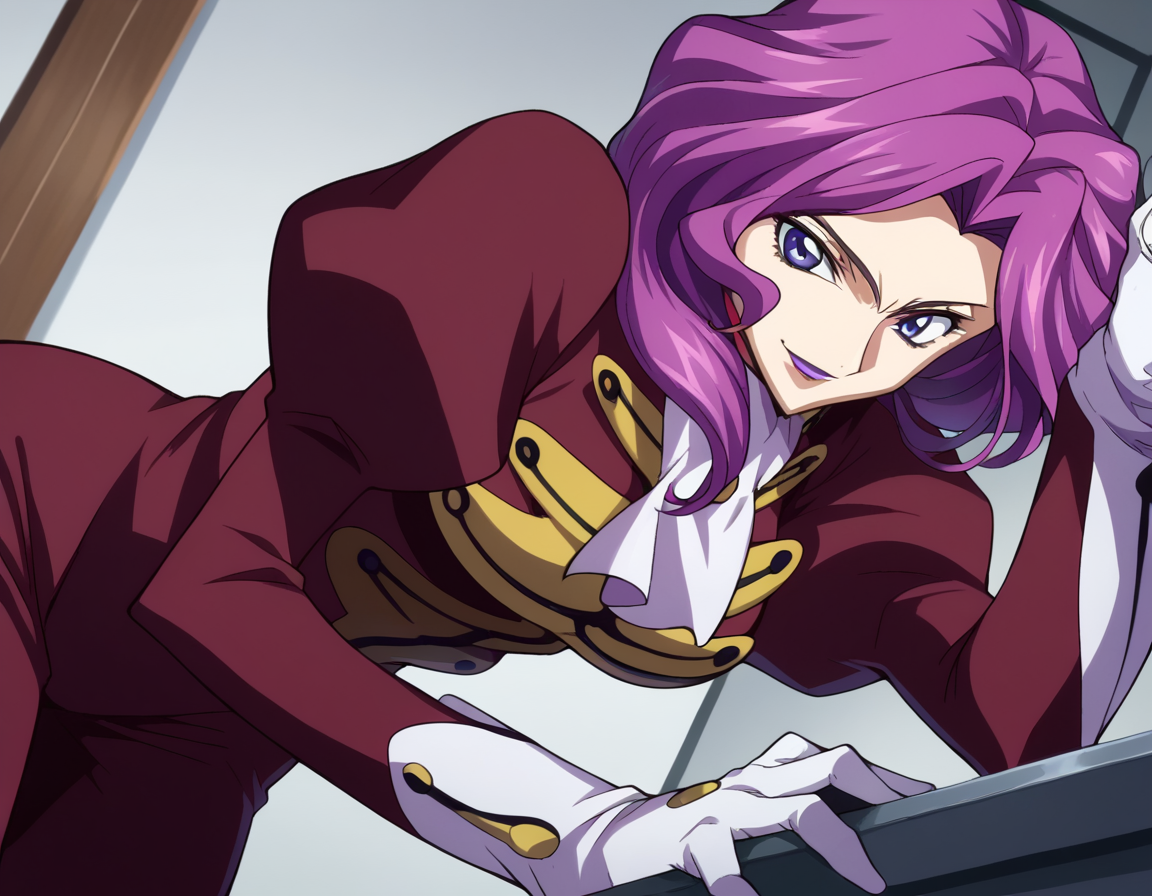 score_9, score_8_up, score_7_up, source_anime,
cornelialibritannia, <lora:cornellia-li-britannia-s1-ponyxl-lora-nochekaiser:1>
cornelia li britannia, purple eyes, purple hair,
ascot, gloves, juliet sleeves, lipstick, long sleeves, makeup, pants, puffy sleeves, purple lips, red pants, red shirt, shirt, white ascot, white gloves,
indoors, smile, bent over,
looking at viewer, dutch angle, cowboy shot, solo,