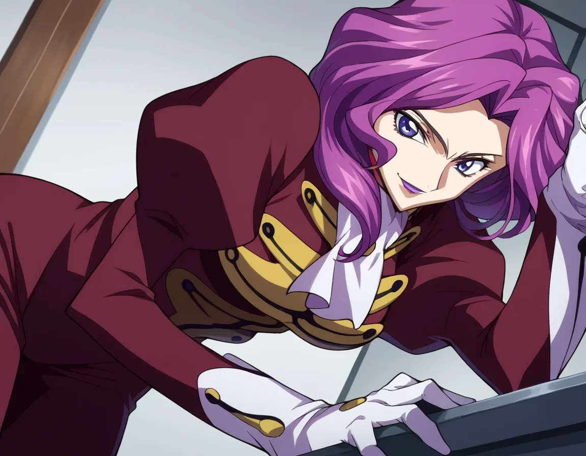 score_9, score_8_up, score_7_up, source_anime,
cornelialibritannia, <lora:cornellia-li-britannia-s1-ponyxl-lora-nochekaiser:1>
cornelia li britannia, purple eyes, purple hair,
ascot, gloves, juliet sleeves, lipstick, long sleeves, makeup, pants, puffy sleeves, purple lips, red pants, red shirt, shirt, white ascot, white gloves,
indoors, smile, bent over,
looking at viewer, dutch angle, cowboy shot, solo,
