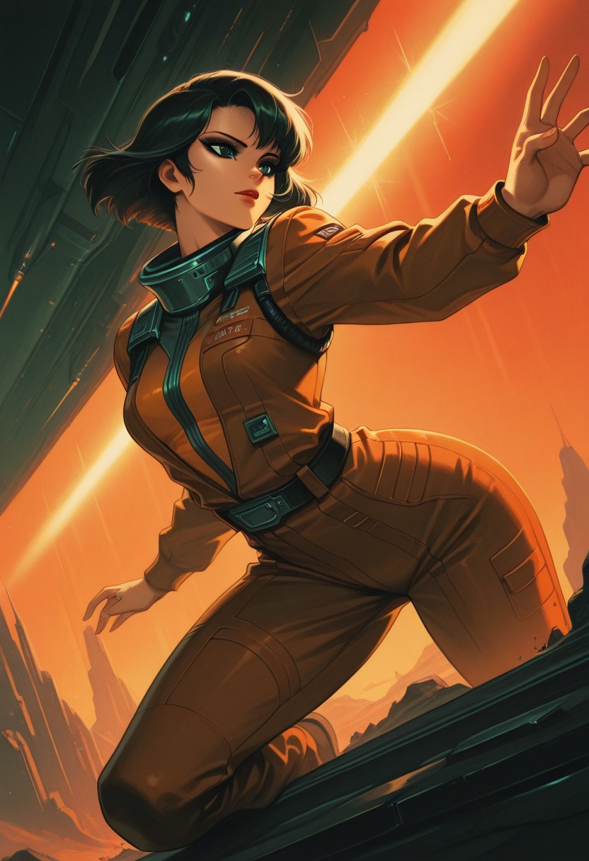 sci-fi, illustration, retro, dynamic angle, close-up shot, dynamic pose, 1girl, green eyes, dark eyeshadow, jumpsuit, engineering outfit, cinematic lighting, masterpiece, best quality, very aesthetic, absurdres