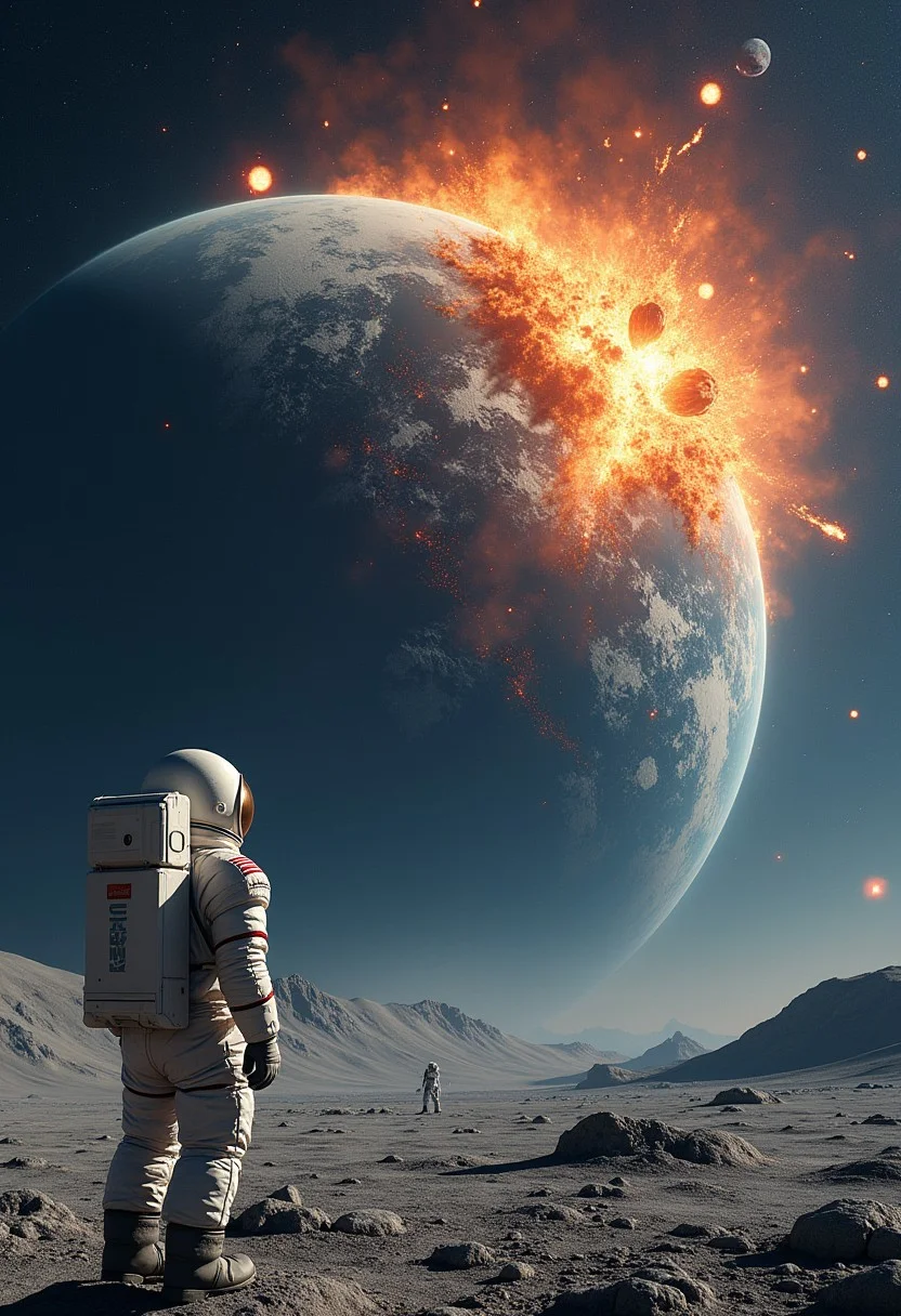 A photo of an astronaut and the broken Earth, The earth exploded,The earth was hit by a huge asteroid,The earth is divided into several pieces,The earth was broken apart by a huge asteroid,The astronauts stood on the moon,There are letters on the earth "This is fine",Very realistic and high-definition, full of details and imagination,