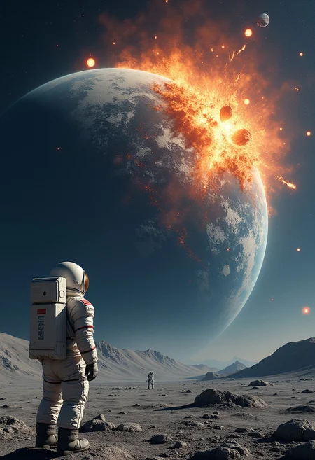 A photo of an astronaut and the broken Earth, The earth exploded,The earth was hit by a huge asteroid,The earth is divided into several pieces,The earth was broken apart by a huge asteroid,The astronauts stood on the moon,There are letters on the earth "This is fine",Very realistic and high-definition, full of details and imagination,