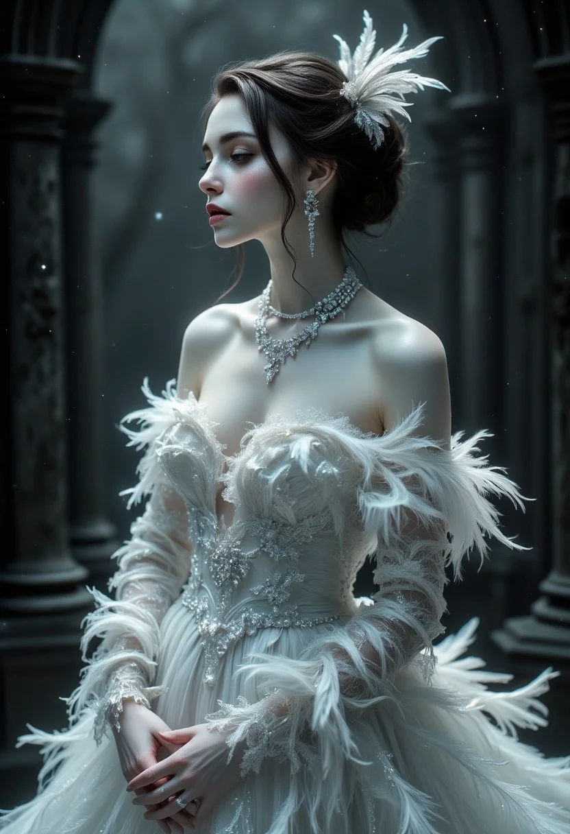 A gothic, high-contrast portrait of a noblewoman standing in a surreal and ethereal setting. She is adorned in a detailed, feathered white gown that contrasts elegantly with her porcelain skin, creating a sense of purity and mystery.
<lora:Dever_Flux_Enhancer:0.5>
<lora:midjourney_whisper_flux_lora_v01:0.65> Midjourney_Whisper
<lora:Midjourney_-_SemiReal_Dreams_FLUX_LoRA:0.65>
<lora:Dreamy_Illustrations_FLUX_LoRA-000001:0.65>