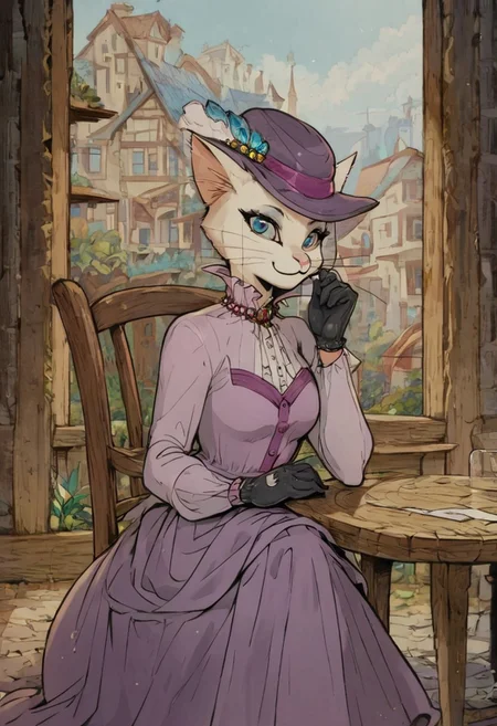 score_9, score_8_up, score_8, cute, in the style of beatrix potter, cel-shading, fca style, baroness louise, white fur, cat, female cat, blue eyes, anthro, gloves, purple hat, elegant hat, purple dress, looking at viewer, beautiful eyes, smile, solo, 1girl, countryside, small town, sitting on chair, table