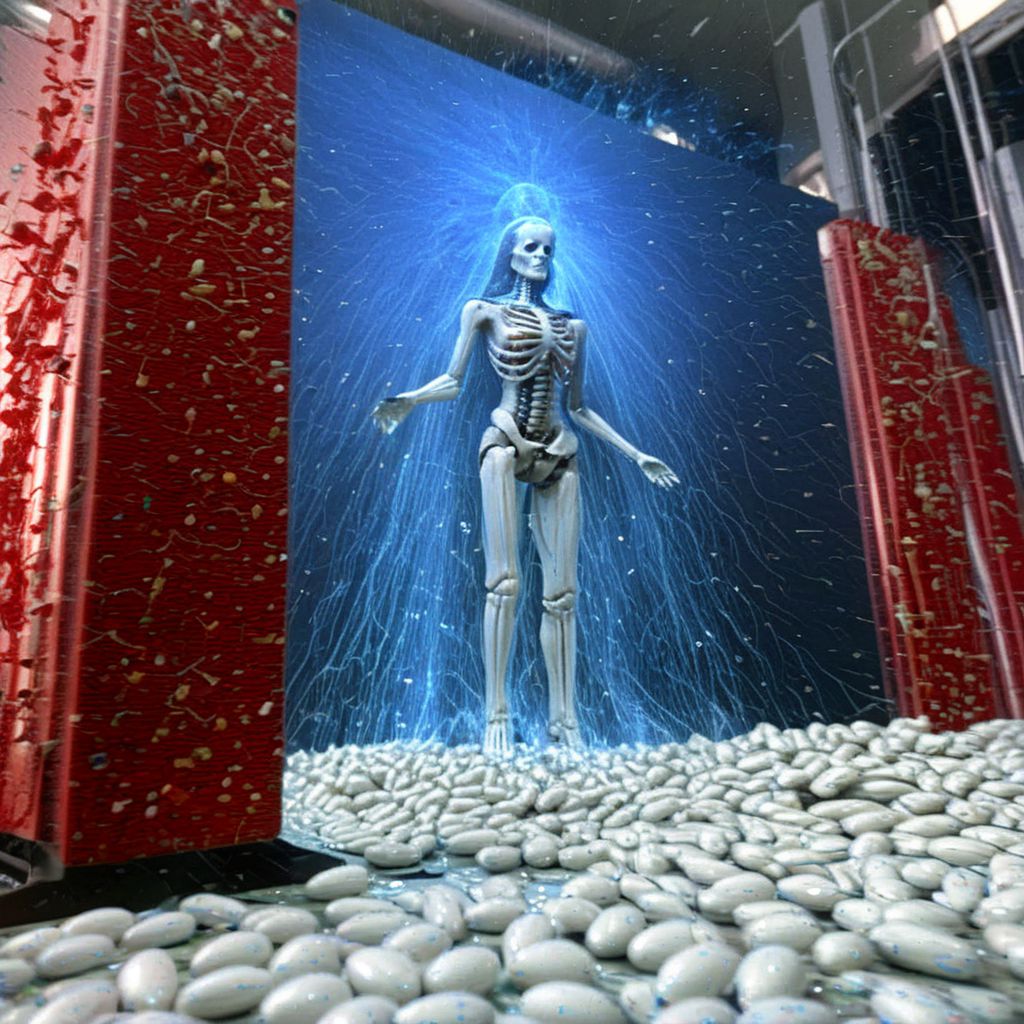 red room light particles vescica piscis cloaked figure side on in mid air and eggs holy mountain style colour terminator machinery breaking out of and flexing reflective television broadcast colors bouncing off surfaces, faces on the floor and in the ceiling, ghosts swirling, psychedelic chaos high quality circuit boards with wet looking high definition brains in a wet raining factory 1980s tv test pattern mirrored prisms low exposure light the magician tarot card upscaled high resolution diffused light on subjects high definition 16k very sharp super chaotic scenes , super wet and glistening with
