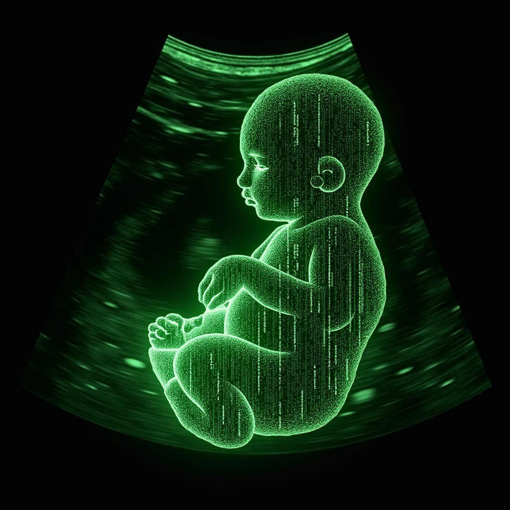 ultrasound detailed sonogram comprised of detailed vertical cascading streams of glowing green Matrix-like code, matrix of glowing letters numbers cascading droplets forming shape of merged human embryo, connected to placenta, within uterus, biomedical imagery