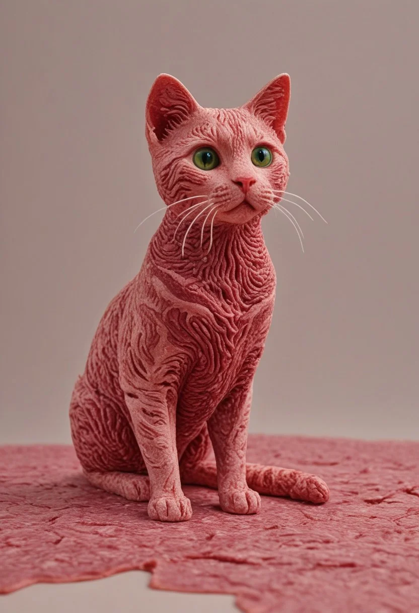 ((a cute chibby cat with big eyes made out of clay)), very detailed, 4k, sharp, eating rainbow wagyu meat made out of fractangles, novuschroma51 style, ((many meat bananas all over the place)), ((the meat is fake!))