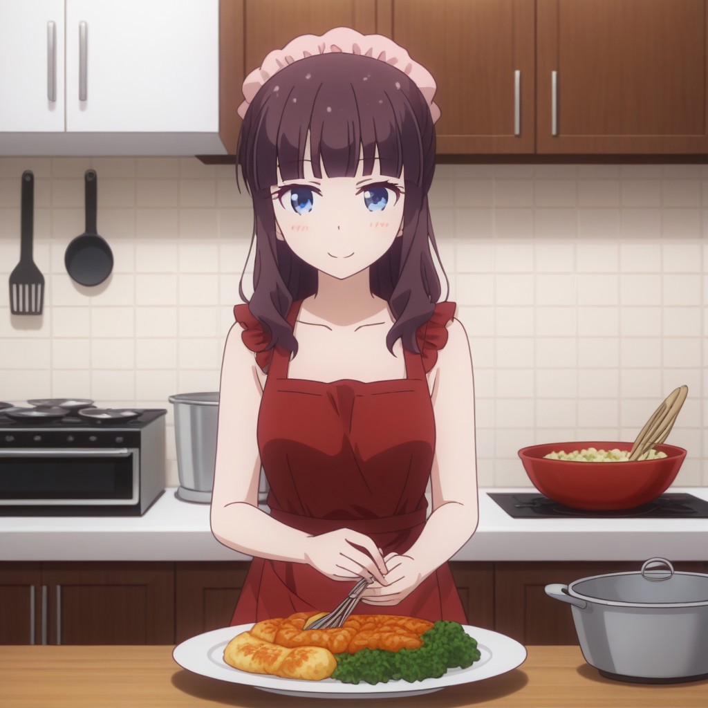 hifumi takimoto, solo, 1girl, apron, cooking, kitchen, (smiling:0.5),,
(a colorful plate of Japanese curry),
looking at viewer,, 2D, anime style, anime coloring,,masterpiece, best quality, absurdres, very aesthetic