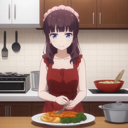 hifumi takimoto, solo, 1girl, apron, cooking, kitchen, (smiling:0.5),,
(a colorful plate of Japanese curry),
looking at viewer,, 2D, anime style, anime coloring,,masterpiece, best quality, absurdres, very aesthetic