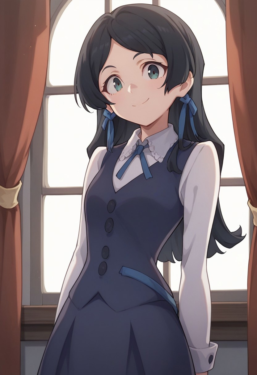 score_9, score_8_up, score_7_up, source_anime, highly detailed, 
barbara, 1girl, luna nova school uniform, solo, school uniform, long hair, smile, black hair, upper body, skirt, standing, looking at viewer, long sleeves, vest, shirt, white shirt, collared shirt, ribbon, neck ribbon,
indoor, window, curtains,