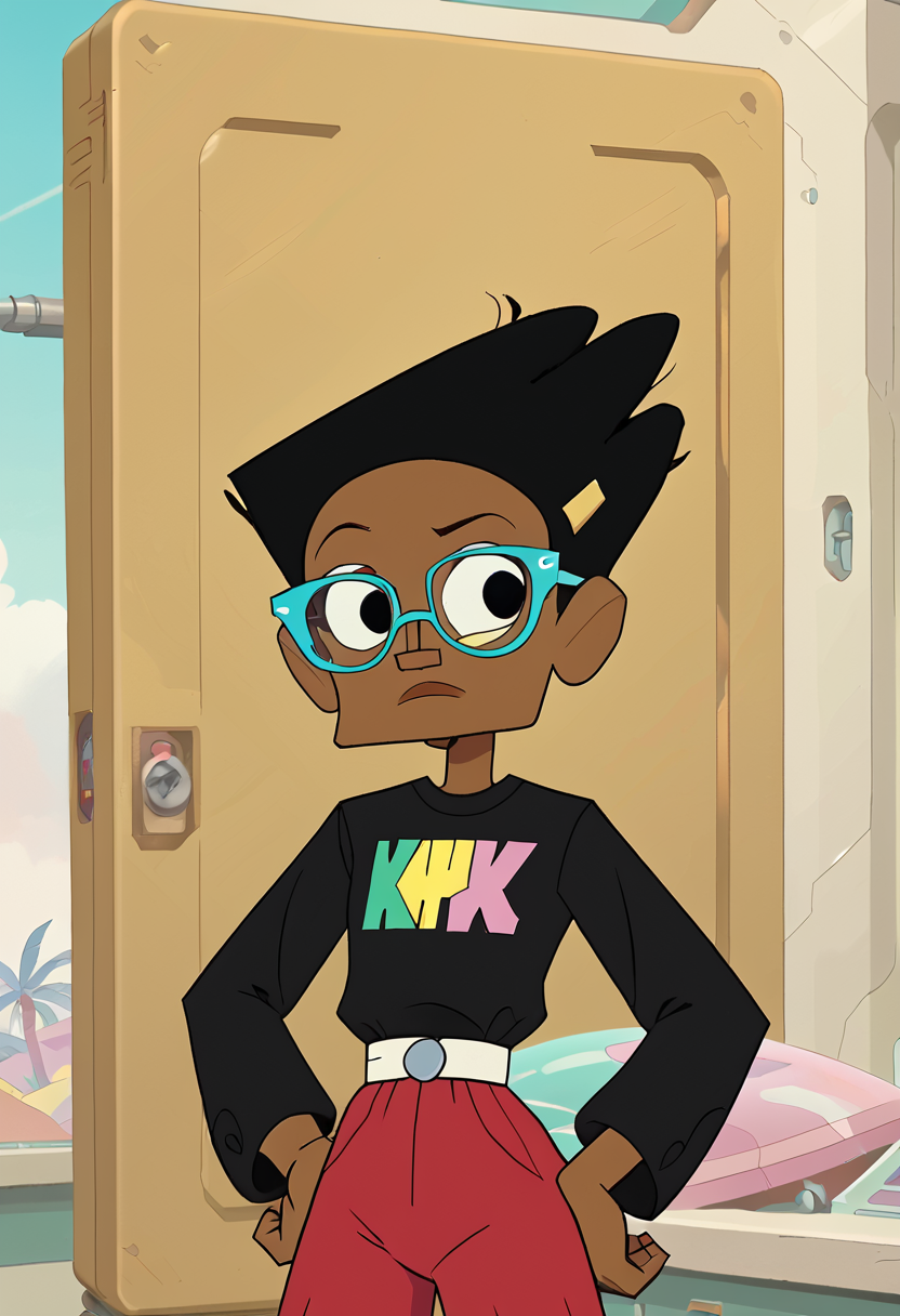 <lora:TwelveForever_Esther_Pony:0.9>, esther \(regular\), hands on hips, glasses, esther, twelve forever, 1girl, solo, dark skin, short hair, black hair, black eyes, on a space station, masterpiece, best quality, score_9, score_8_up, score_7_up