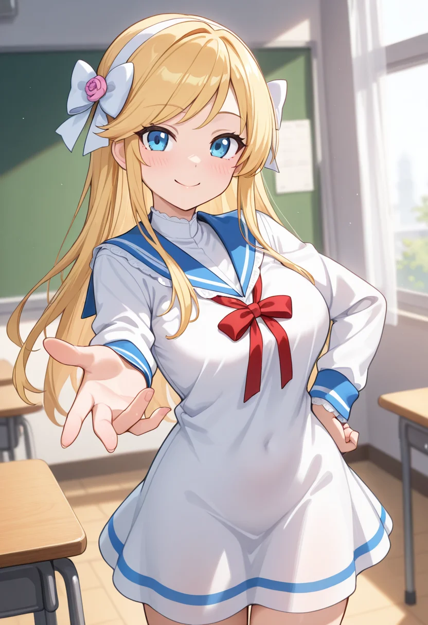1girl,solo,<lora:arishianail-000010:0.9>,ogata_arishiana,blonde hair,long hair,blue eyes,hair bow,hairband,flower,hair flower,dress,sailor dress,sailor collar,long sleeves,looking_at_viewer,cowboy_shot,smile,hand on own hip,beckoning,day,classroom,incredibly absurdres,masterpiece,best quality,good quality,newest,