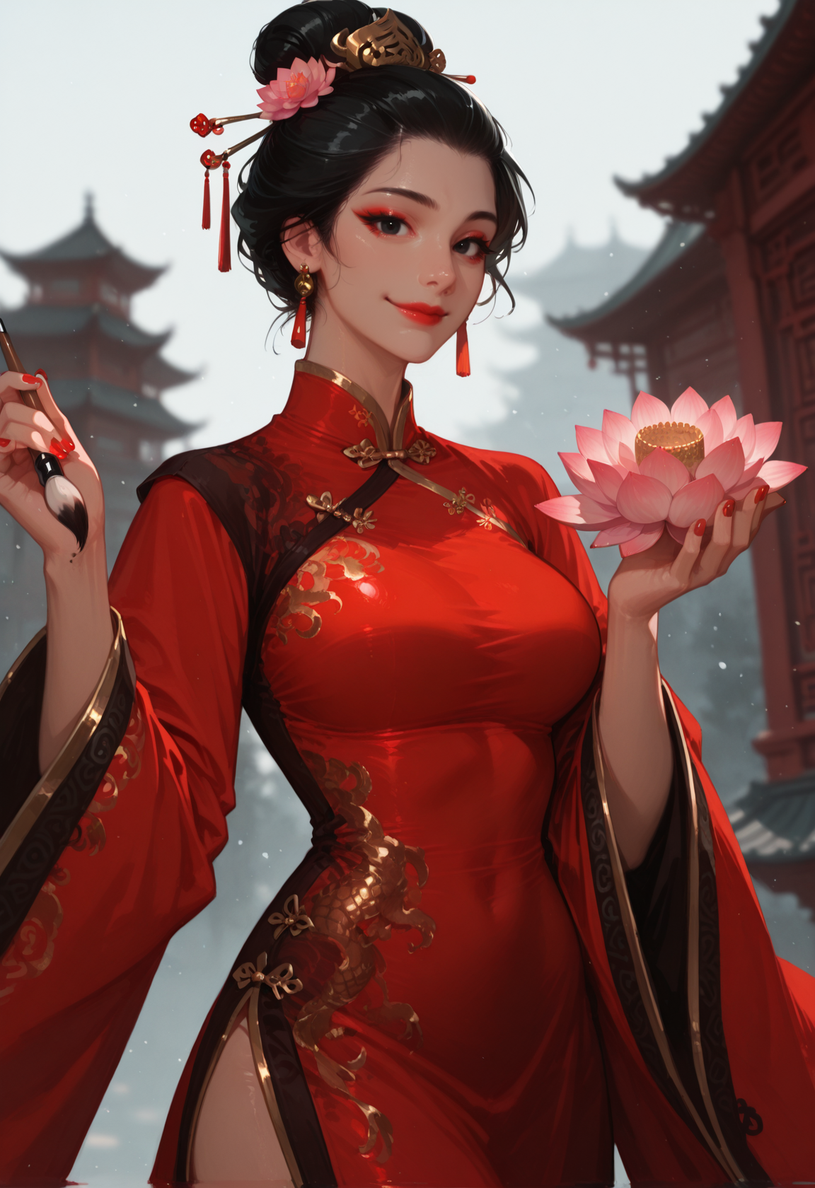 1girl, chinese clothes, solo, dress, black hair, flower, earrings, jewelry, hair ornament, holding, red dress, lotus, china dress, architecture, hair bun, east asian architecture, looking at viewer, red nails, , red lips, paintbrush, makeup, outdoors, blurry, updo, wide sleeves, lipstick, pink flower,  smile, long sleeves,, nail polish, closed mouth, blurry background, breasts, black eyes, dragon patterm, gold trim, great_wall_of_china, masterwork, masterpiece, best quality, dynamic lighting , dynamic pose,,  dynamic angle, , , (realistic:1.2), (lineless:1.2), detailed, <lora:Detailer_NoobAI_Incrs_v1:1>, , aged up, adult, depth of field, dynamic lighting, blurry, cheekbones,