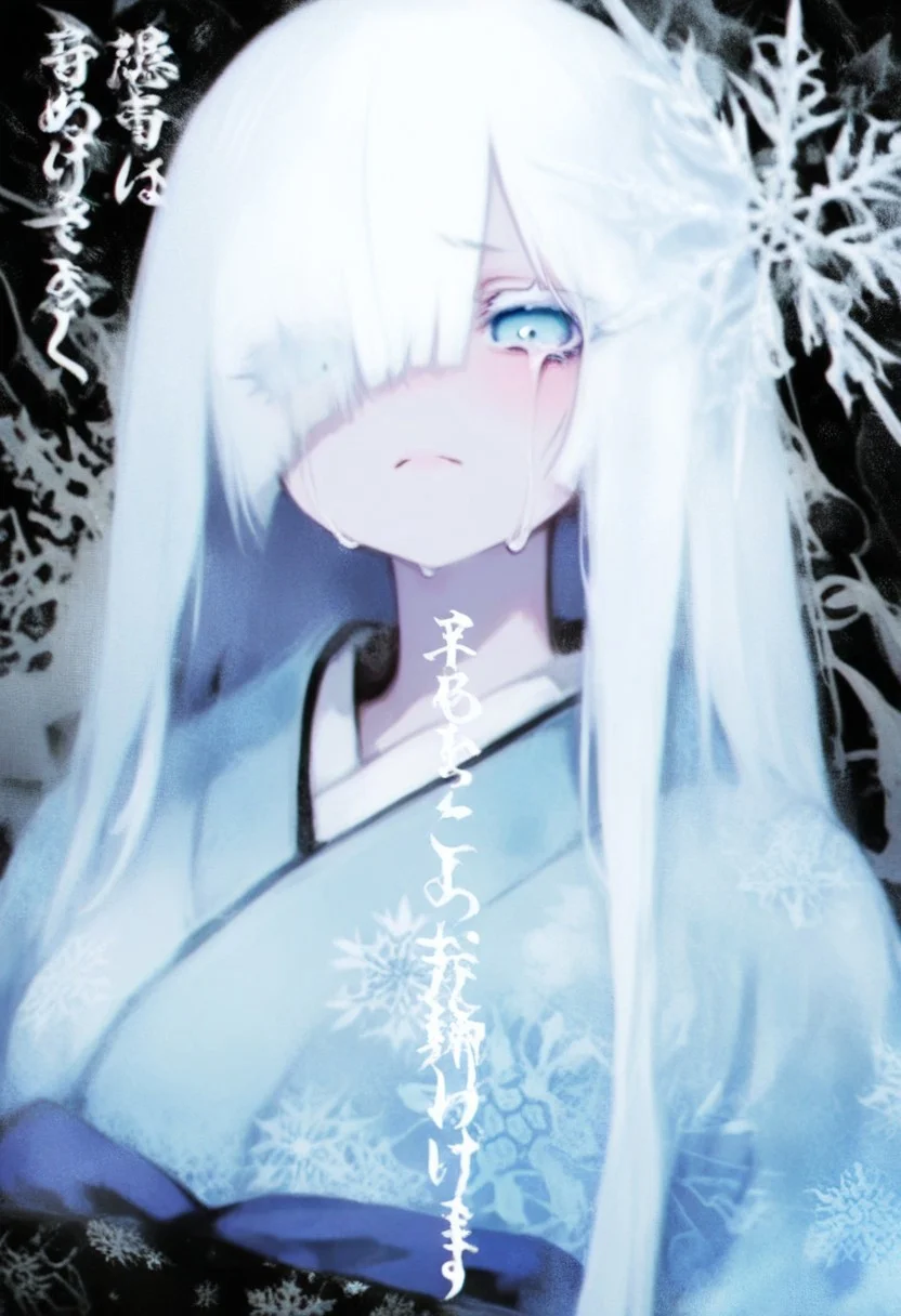 1 girl , abstract , abstract background , absurd , graffiti , Snowflakes print , snowflakes , perfect reflection , crying , tear , opposite refection , white hair , long eyelashes , white eyelashes , Yuki-onna , ((japanese text)) , optical illusion , long bangs , hair over one eye , love theme , kimono , falling snowflakes ,
masterpiece, best quality ,amazing quality , h4rdcry1ng_illu ,0__11Xx_illu , usnr ,
