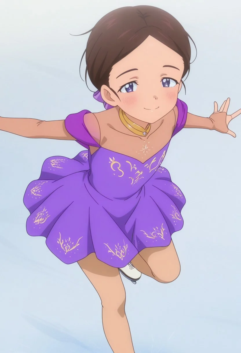 Masterpiece , best quality , amazing quality , anime screencap   , ice skater , a girl , emayamato , purple sleeveless dress , brown hair  , leg up , ice skating ,  looking at viewer, smile