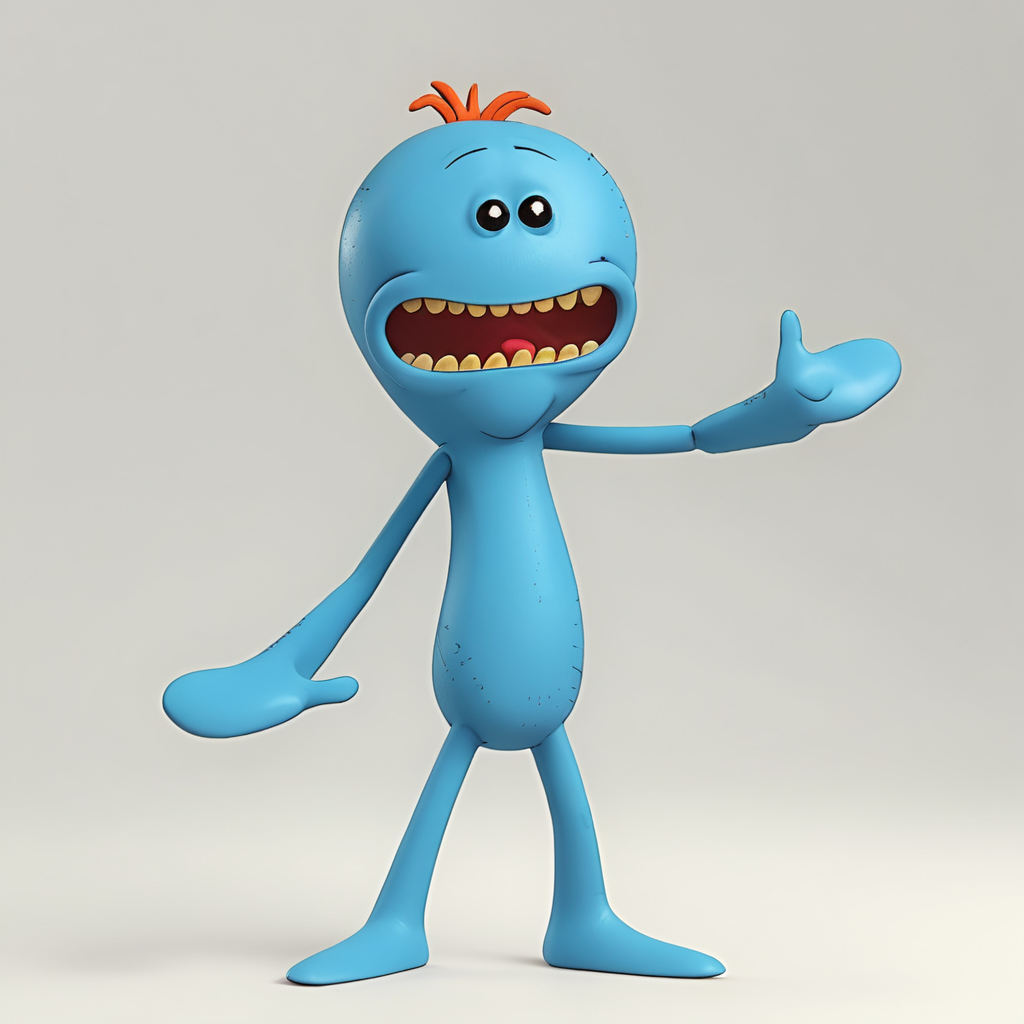 3d render, western animation, ultimate masterpiece, meeseeks alien, standing on white background, (full shot, full body:1.2)
 <lora:Meeseeks_AnimagineXL_V30_v1-000007:1.3>