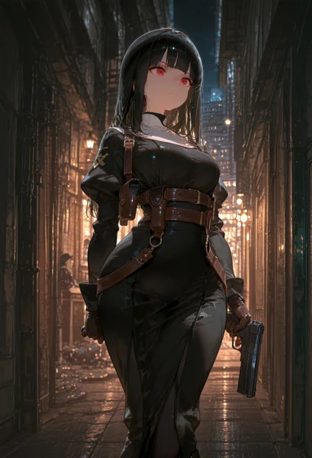 nsfw, masterpiece, best quality, amazing quality, ultra quality, very aesthetic, absurdres, incredibly absurdres, sophisticated, ultra shape, perspective, newest, blurry background, cinematic background, scenery, volumetric lighting, very awa, 1girl, nun, alley, backstreet, walking, holding handgun, cityscape, at night, beautiful night, dark night, shiny skin, curvy, voluptuous physique, beautiful face, (ultra-detailed eyes), medium breast, perfect hand, black hair, long hair, layered bangs, blunt bangs, red eye, leather gloves, shoulder holster, harness, serious, cinematic lighting,
expressiveh, usnr, masterpiece, best quality, very aesthetic, absurdres, amazing quality, perfect hands, best hands, perfect anatomy, perfect proportion, extremely detailed face, extremely smooth skin, extremely detailed eyes
