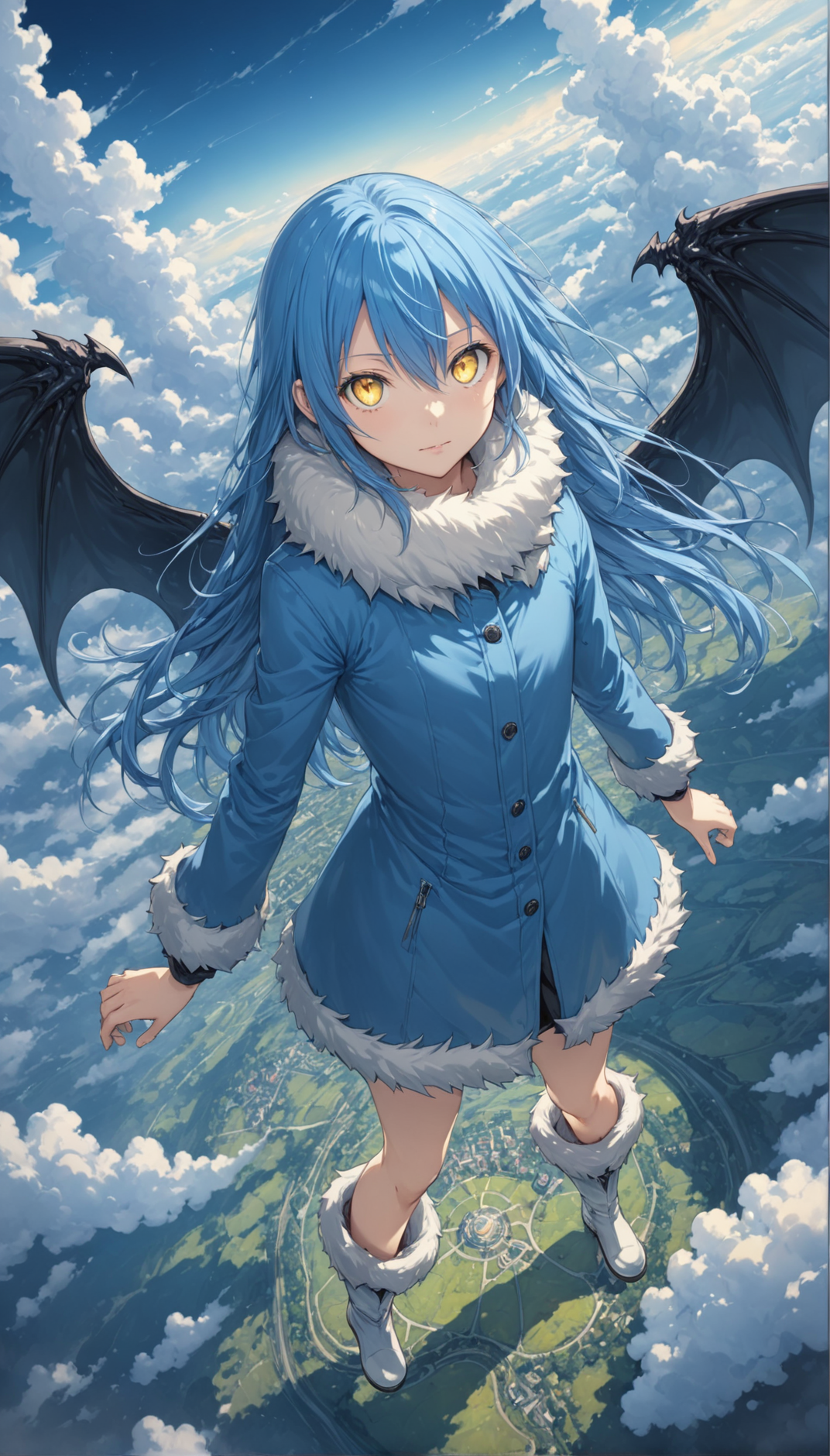 tsepmet_urumir_xl, rimuru tempest, wings, long hair, blue hair, solo, hair between eyes, fur trim, white fur collar, fur trimmed jacket, looking at viewer, full body, demon wings,
outdoors, (floating:1.2), cloudy sky, from above, depth of field, dutch angle, fur trimed boots,
(masterpiece, best quality:1.2), detailed Illustration, official artwork, wallpaper, official art, extremely detailed eyes and face, beautiful detailed eyes, yellow eyes,
<lora:Rimuru_Tempest_Character_XL:1>
<lora:IOS_Iridescent_opal_style:0.6>