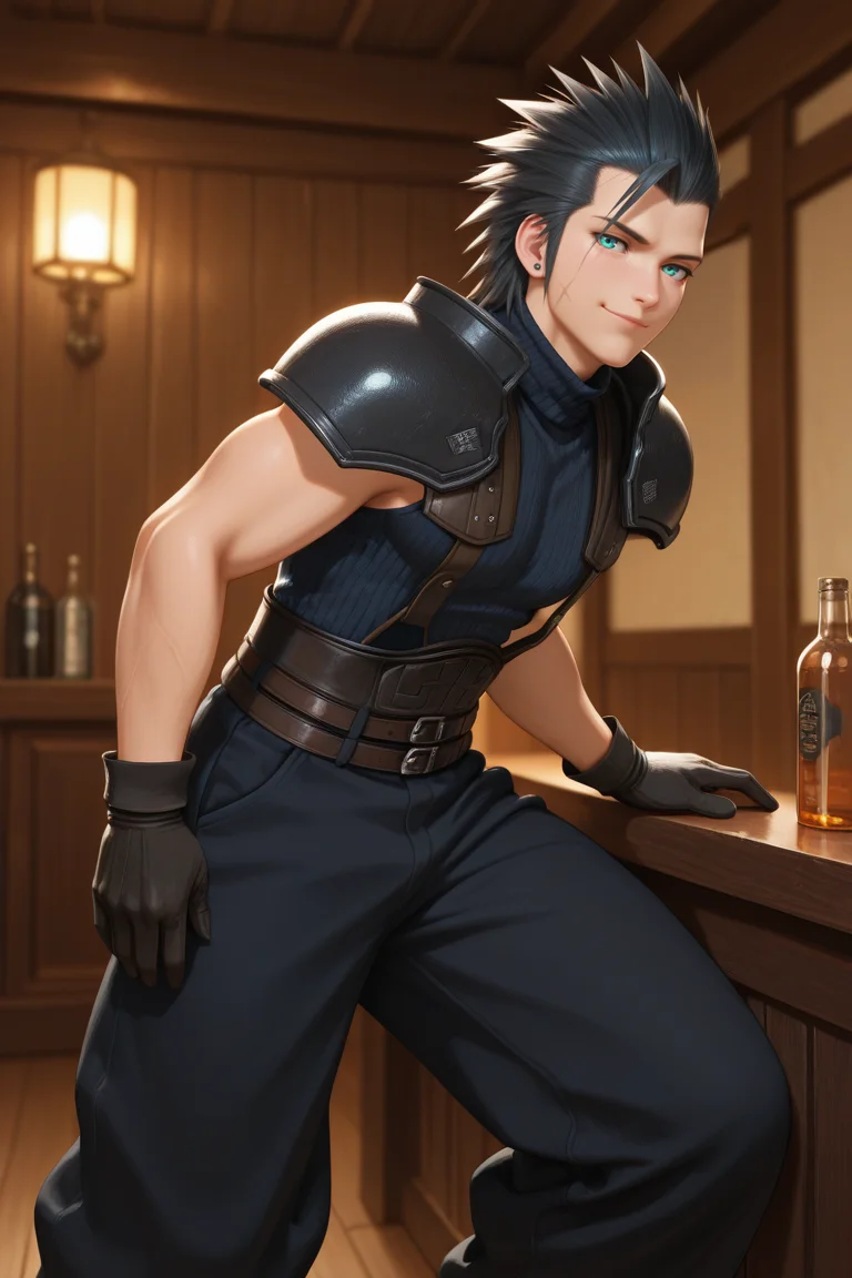 masterpiece, best quality, amazing quality, highres, absurdres, intricate detail,2d,anime, , , 1boy, solo, male focus , , , <lora:zack_fair:0.74>, zack fair,black hair,aqua eyes,short hair,hair slicked back,spiked hair,scar on cheek,stud earing,shirt, gloves, closed mouth, leaning toward,sleeveless, black gloves, pants, indoors, belt, armor, Smug smile,sweater, feet out of frame, black pants, turtleneck, suspenders, bottle, shoulder armor, turtleneck sweater, sleeveless turtleneck, baggy pants, multiple belts,from side