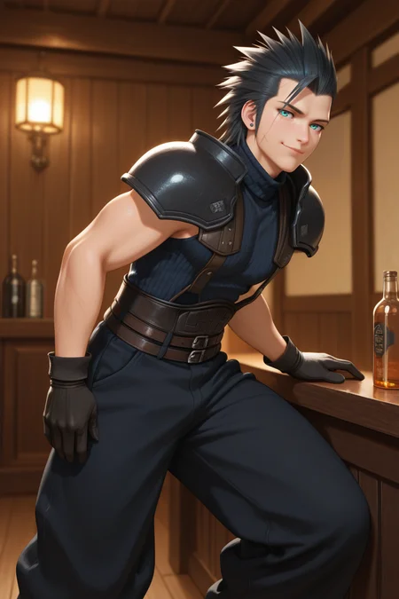 masterpiece, best quality, amazing quality, highres, absurdres, intricate detail,2d,anime, , , 1boy, solo, male focus , , , <lora:zack_fair:0.74>, zack fair,black hair,aqua eyes,short hair,hair slicked back,spiked hair,scar on cheek,stud earing,shirt, gloves, closed mouth, leaning toward,sleeveless, black gloves, pants, indoors, belt, armor, Smug smile,sweater, feet out of frame, black pants, turtleneck, suspenders, bottle, shoulder armor, turtleneck sweater, sleeveless turtleneck, baggy pants, multiple belts,from side