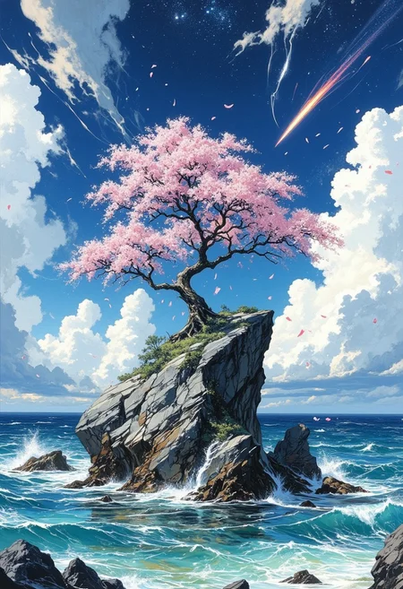 A lone, weathered rock rises from the depths of a serene, cerulean ocean, its rugged surface a canvas for a majestic, feminine sakura tree, its delicate branches stretching towards the heavens like a ballet dancer's arms, as if in a dramatic, ethereal pose. Soft, pink sakura petals dance upwards, carried by an unseen breeze, their delicate forms dissolving into the sky like whispers of a secret. Below, the waves caress the rock, their gentle lapping a soothing melody that belies the sense of foreboding that hangs in the air. A dark, blazing comet streaks across the horizon, its fiery trail a harbinger of mystery and wonder. The sky above is a brilliant blue, with puffy white clouds scattered like cotton candy, and the ocean's surface is a mirror to the heavens, reflecting the beauty above with perfect symmetry. This is a world of dreams, where the surreal and the fantastical blend seamlessly, where the boundaries between reality and fantasy blur, and where the beauty of nature is elevated to an art form. It is a place of wonder, of awe, and of mystery, where the viewer is drawn in, like a moth to a flame, and cannot look away.