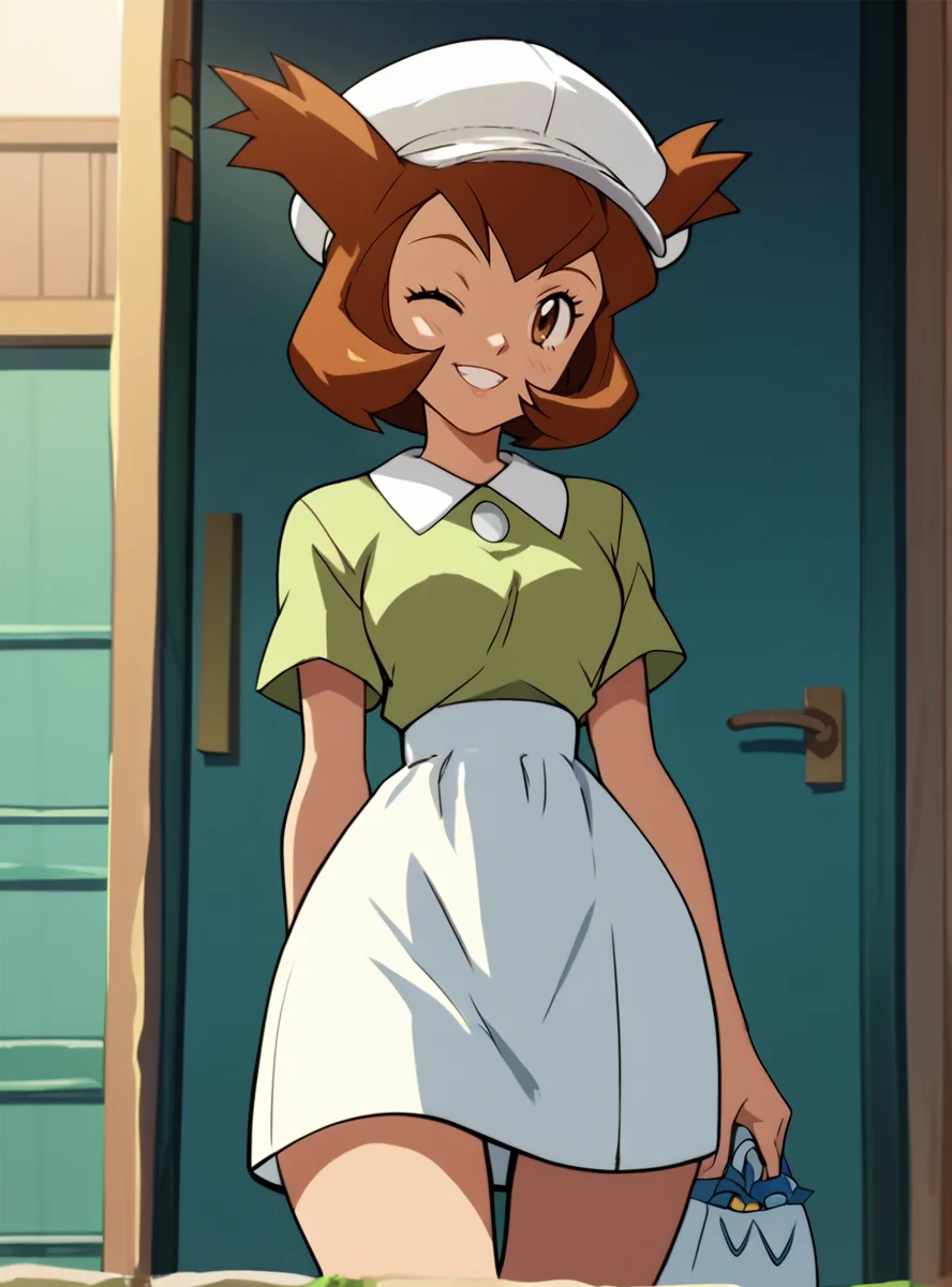 score_9, score_8_up, score_7_up, score_6_up, score_5_up, score_4_up source_anime, anime screencap, <lora:LAtiasAdventure:0.8>1girl, kanonlatias, solo, brown hair hat, smile, brown eyes, short hair wink, wide hips, narrow waist,