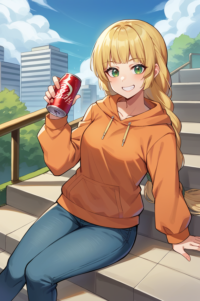 score_9, score_8_up, source_anime, 1girl, solo, asanagi BREAK <lora:ingrid-pdxl-nvwls-v1-000007:0.9> defingrid, bangs, braided ponytail, orange hoodie, jeans, sitting, stairs, grin, looking at viewer, cityscape, holding can of soda