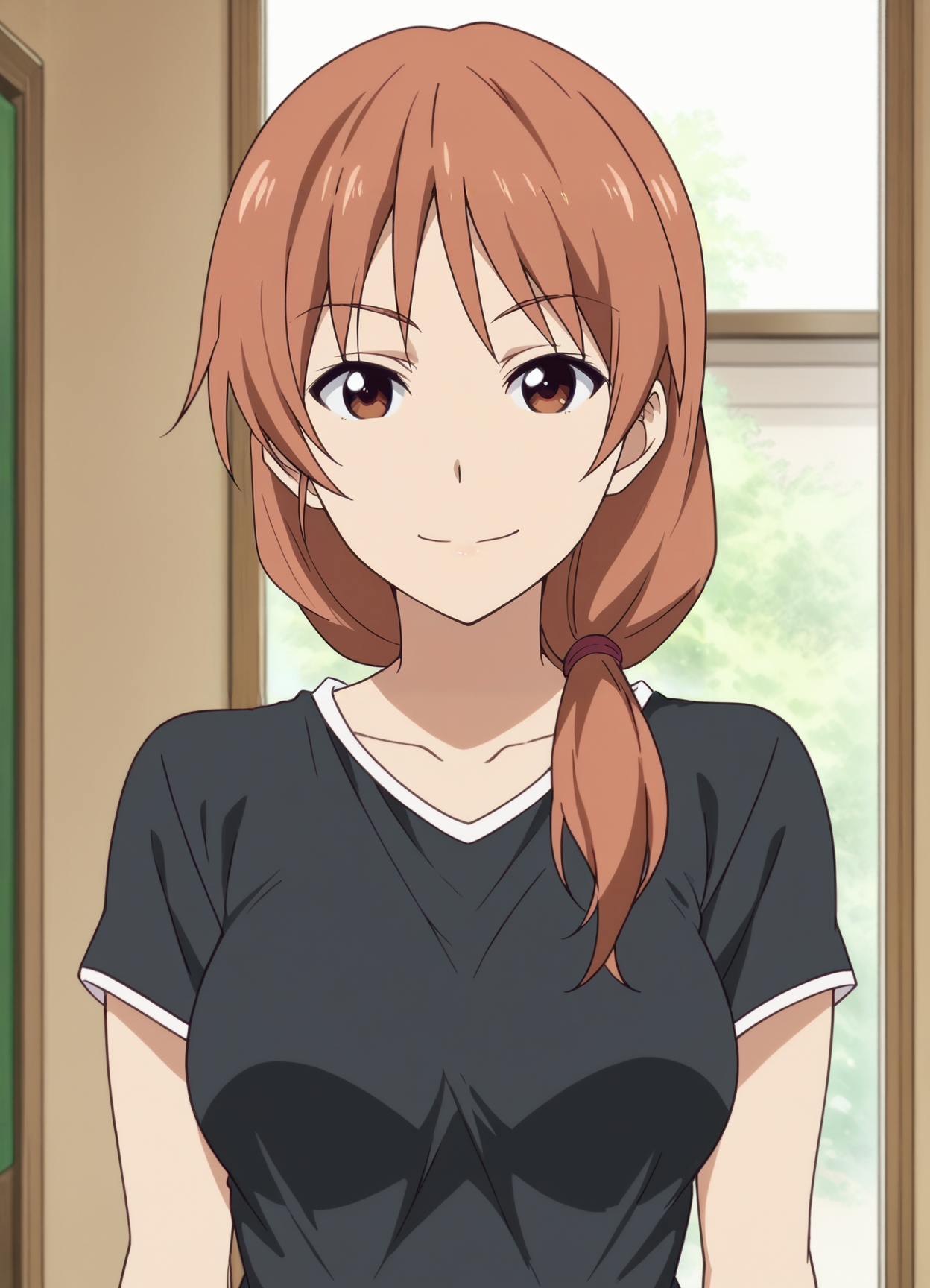 <lora:Yoshie_Hanabatake-Aho_Girl:0.9>,mm,mature female,1girl,solo,long hair,brown hair,brown eyes,hair over shoulder,breasts,shirt,upper body,looking at viewer,indoors,smile