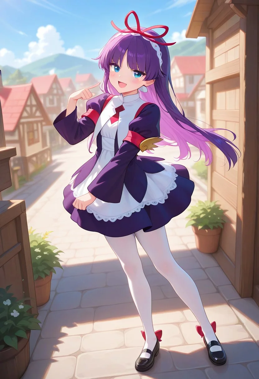 <lora:PFeli_SDXL_Illustrious01_fp16_ver01:1>,PFeli, 1girl, long hair,purple hair, white pantyhose, dress,red ribbon, blue eyes, black footwear, long sleeves, red bow, hairband, cute pose, smile, open mouth, standing, village, look at viewer, lovely, cute, adorable, newest, masterpiece, best quality, very aesthetic, absurdres,<lora:detailed_hands:1>,hand