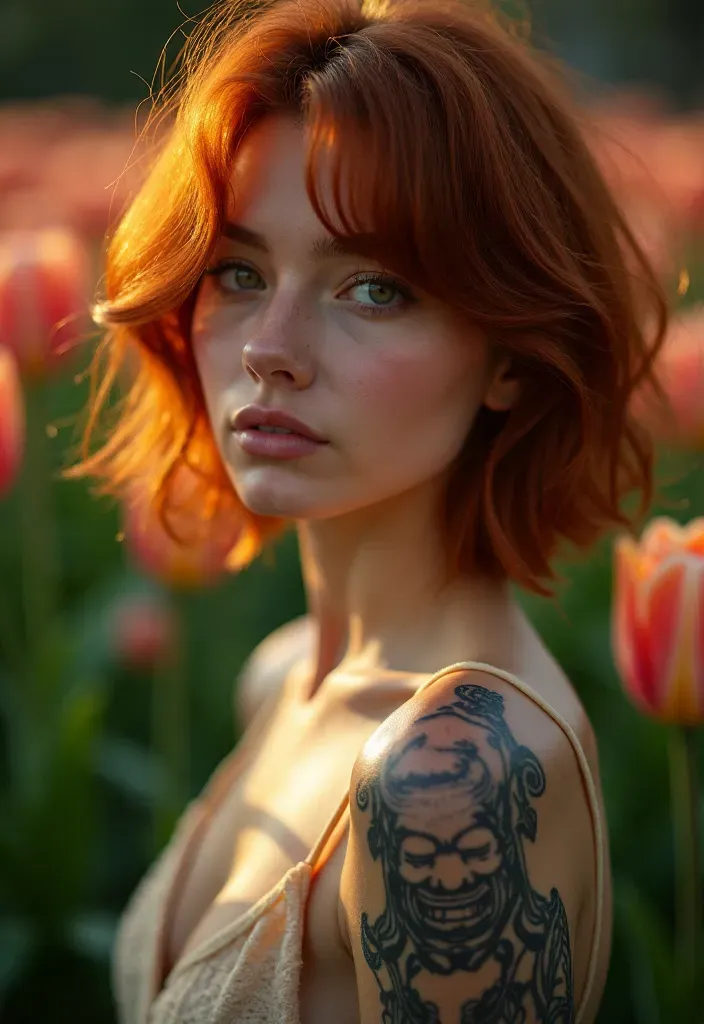 RAW full body analogue photo of a beautiful 25 years old woman, clear focus, high resolution image, beautiful auburn haired woman, ,perfect face, sexy pose, wearing Samurai Tattoo, perfect eyes, detailed eyes, detailed iris, realistic skins absolute perfect tits, soft tits, natural tits, (short-hitop-fade-haircut:1.3),,high quality, film grain, Fujifilm XT3, 8k uhd, dslr, film grain, kodak tri-x 400 film, grain photo DOF, faint lighting, dynamic angle, cinematic, Depth of field, bokeh, best quality, cinematic, light particles, highly_detailed, very_aesthetic, golden hour, beautiful_and_aesthetic ,Sexy pose, erotic pose, exhibitionism, ,Tulip field