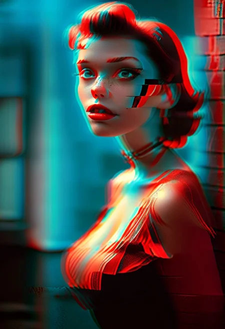 (real life, 1girl, 1950s pinup, seductively  looking at the viewer, clean brick red environment, grim style, horror lens effect, jarring optical effect, layered effects, dark shadows, hazy, grainy:1.2), (above pov, a woman looking aroused and eager, shocked, caped crusader, dark natural natural colors, HDR, 5mm:1.2), (glitch art by (Hans Feurer:1.1) and (Roe Ethridge:1.2)), glowing blue on black,