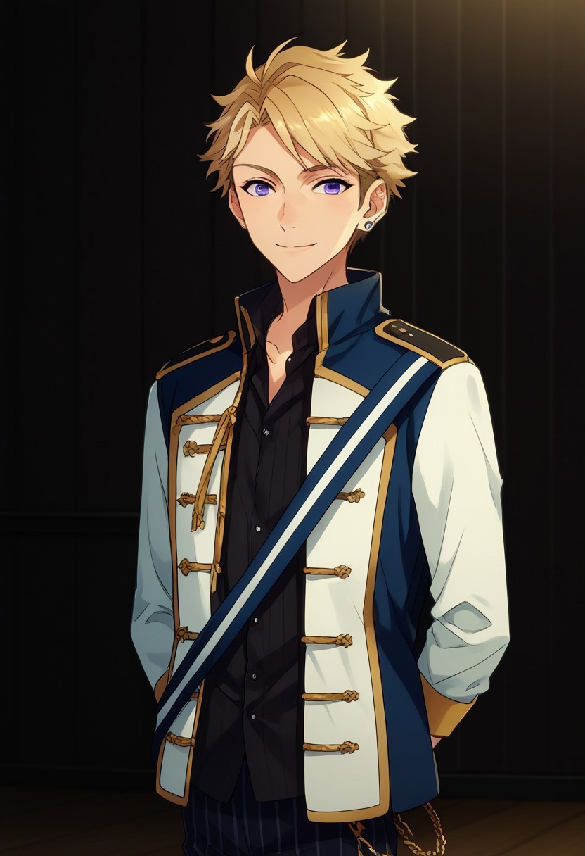 score_9, score_8_up, score_7_up, source_anime, highly detailed, 

narukami, male focus, 1boy, solo, smile, upper body, blonde hair, striped,
striped pants,  pants, pinstripe pattern, purple eyes, earrings, jewelry, 
jacket, vertical stripes, standing, knights uniform,

indoor, stage