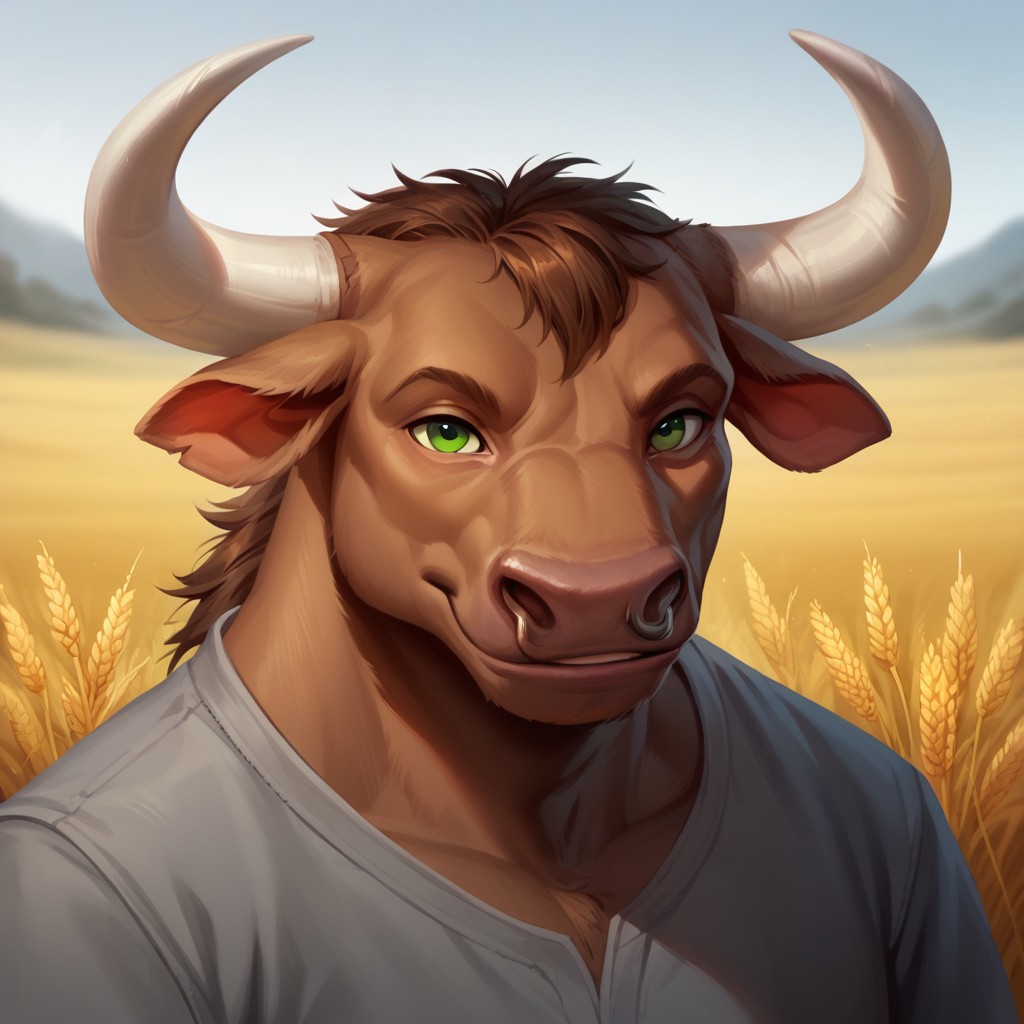 (((detailed, beautiful, high quality))), score_9, score_8_up, score_7_up, solo, 
minotaur, furry,
1boy, male focus, green eyes, brown skin, dark brown hair, white horns, gray tunic, 
(looking at viewer:1.2), posing, smiling, 
wheat field, fantasy background, blurred background,