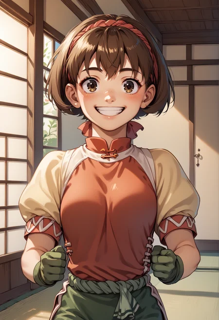1girl, solo, short hair, brown hair, headband, chinese clothes, red shirt, short sleeves, yellow sleeves, green pants, gloves, clenched hand, proud, smile, upper body, indoors, dojo  <lora:Nanami_XL:1>, score_9, score_8_up, score_7_up, score_6_up, score_5_up, score_4_up, BREAK source_anime, masterpiece