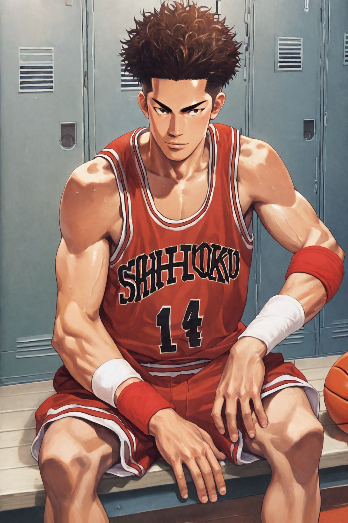 score_9,score_8_up,score_7_up,masterpiece,best quality,
Miyagi Ryota,basketball uniform,1boy,basketball,male focus,sportswear,solo,locker,sitting,shorts,locker room,brown hair,afro,wristband,holding,
<lora:Inoue Takehiko_XL_PONY:1>,