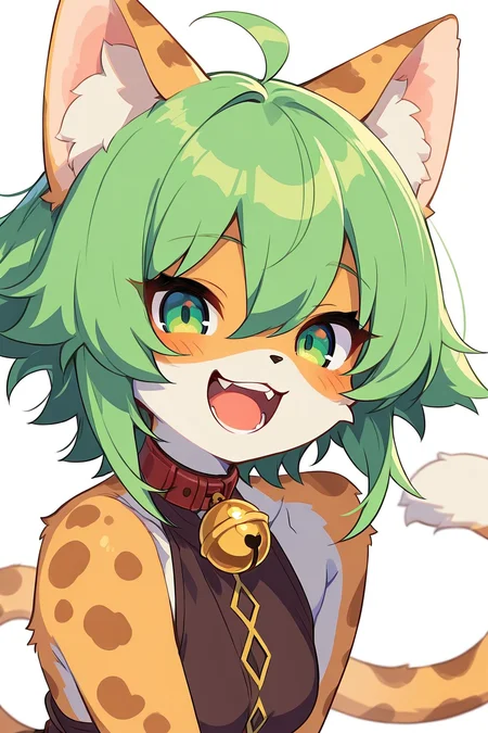 masterpiece, best quality, <lora:Style55IXL_v5:1.0>, 1girl, solo, looking at viewer, smile, short hair, open mouth, simple background, white background, animal ears, hair between eyes, bare shoulders, green eyes, tail, upper body, ahoge, green hair, teeth, cat ears, cat tail, bell, cat girl, neck bell, furry, furry female