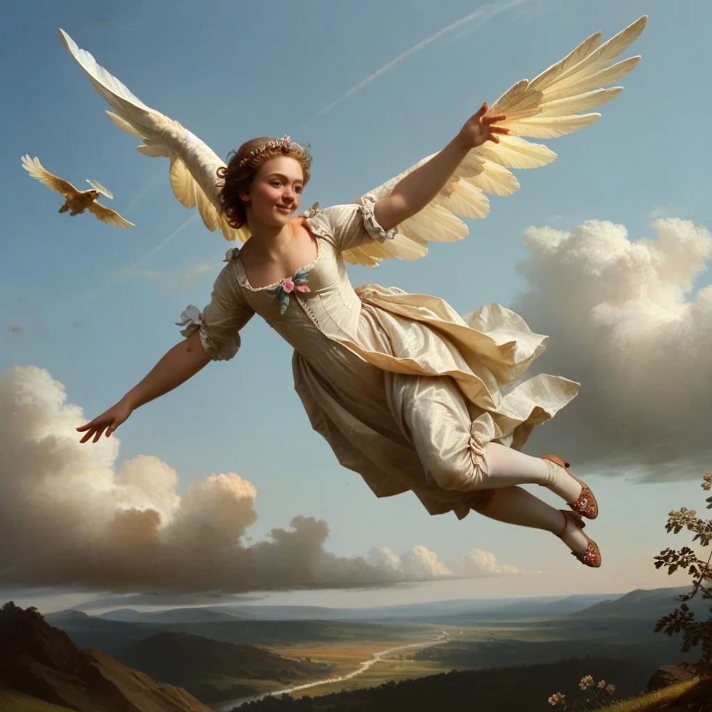 Jabstyle, (score_9, score_8_up, rating_safe, source_western), 1girl, angel, realistic wings, flying, 1boy, brown hair, wrinkles