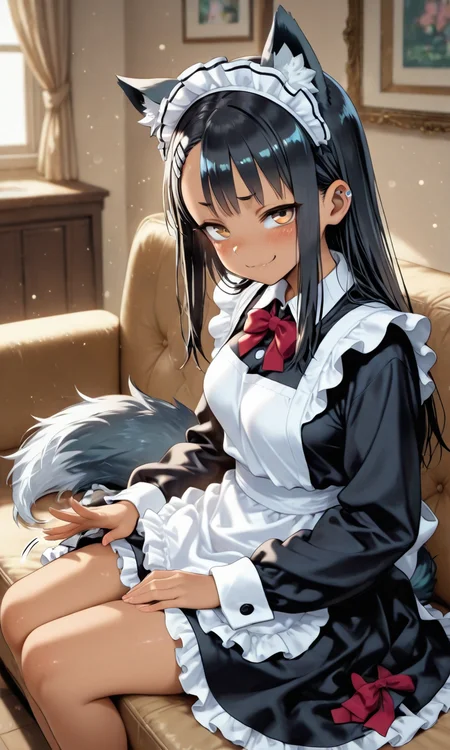 masterpiece, cute, lovely, (best quality:1.3), (amazing quality:1.3) ,very aesthetic, 1girl, solo, blush, (medium breasts:1.2), face satisfied, high gradient eyes, Nagatoro_Hayase_Style, black_hair, brown_eyes, bangs, long_hair, hairclip, hair_ornament, straight_hair, very cute, light particles, cute details, cute colors, naughty face, smug, BREAK, maid, very long black hair, straight hair, blunt bangs, hime cut, teal eyes, wolf ears, long fluffy tail, full sleeves maid dress, oversized clothes, frilled dress, blush, scornful eyes, disgusted face, lap pillow invitation pose, line movements, patting thighs, looking at viewer, very cute, closeup, from side, masterpiece,best quality, light particles, cute details, cute colors, on a sofa, seiza, fantasy sofa, plain background