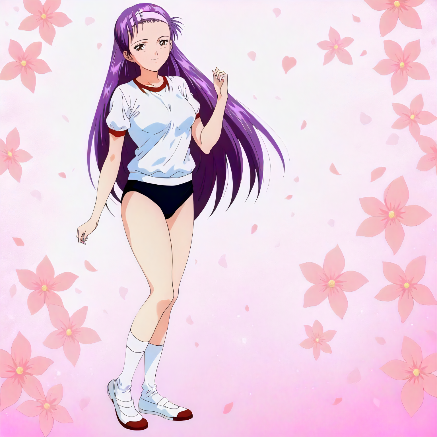 <lora:ZSBGP0_saionji_reikoXLanimagine001>,
masterpiece,high score,great score,absurdres,
flower background,glitter,
smile,
looking at viewer,
solo,
anime coloring,1990s \(style\),
saionji_reiko\(zenkoku_seifuku_bishoujo_grand_prix\),1girl,purple hair,long hair,hairband,forehead,brown eyes,
gym shirt,white shirt,short_sleeves,red trim,
black buruma,
socks,uwabaki,
full body,
standing,