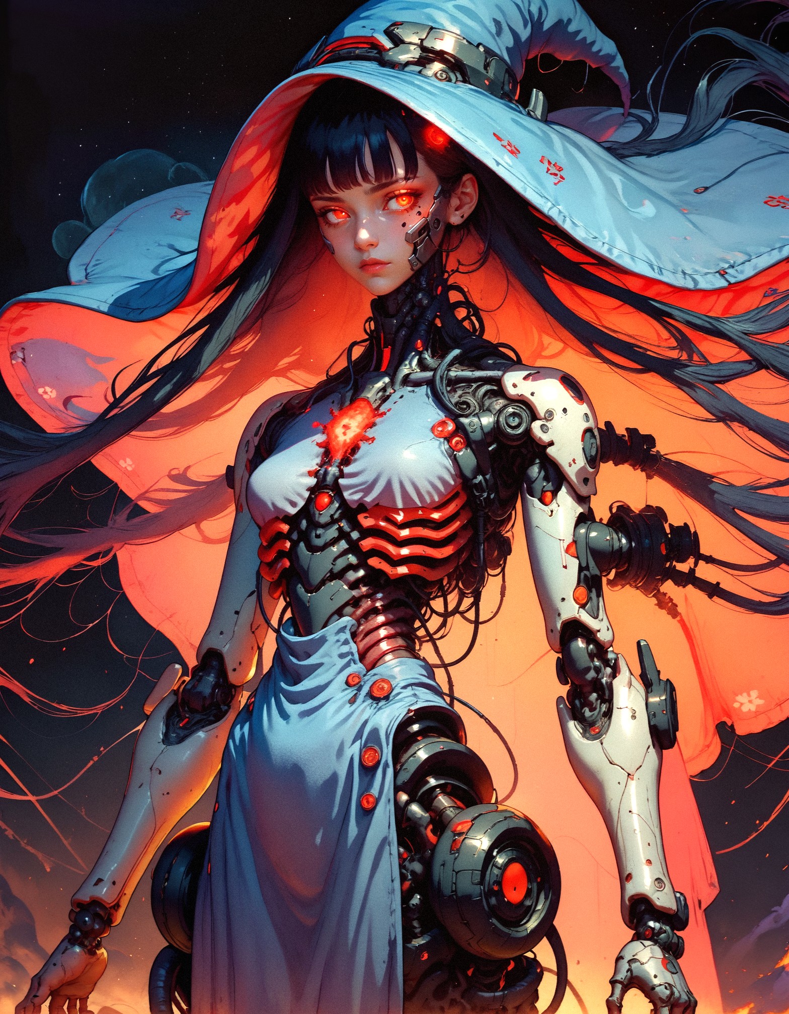 score_9, score_8_up, score_7_up,  embedding:zPDXL, 1girl, solo, breasts, very long hair, bangs, wizard, wizard robe, magical, galactic, black hair, red eyes, closed mouth, weapon, small breasts, blunt bangs, medium hair, looking at viewer, floating hair, expressionless, glowing eyes, science fiction, android, cable, mechanical arms, cyborg, robot joints, mechanical parts, tube, spine, black background  <lora:pony/twilight_style:0.8> <lora:pony/expressiveh:0.8> expressiveh, <lora:pony/BioPunky:0.8>