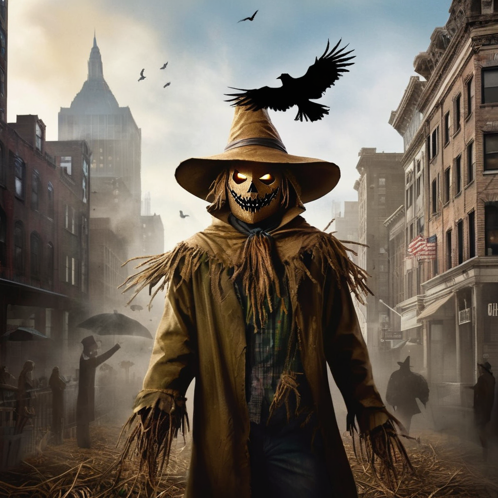 concept art of  <lora:Scarecrow:1.2>
Scarecrow a drawing of a scare with a hat and a bird in Gotham city universe, digital artwork, illustrative, painterly, matte painting, highly detailed
