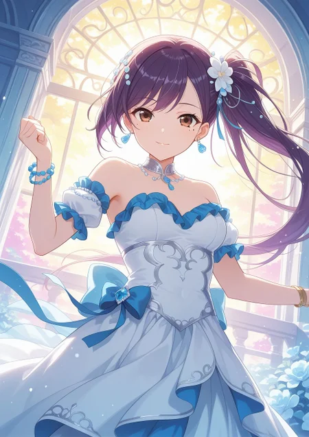 <lora:Liu_IL:1>, purple hair, long hair, side ponytail, bangs, brown eyes, hair ornament, ribbon, mole, mole under eye, jewelry, dress, purple hair, earrings, bracelet, breasts, hair ornament, strapless, scrunchie, frills, strapless dress,,, BREAK
masterpiece, best quality, amazing quality, very aesthetic, absurdres, newest,
<lora:Eyes_High_Definition:0.6>, eyesHD, high gradient eyes, detailed eyes, high definition eyes,
<lora:LECO_Particles:1>,
BREAK, general, dutch angle, from front,, light smile, dynamic pose,