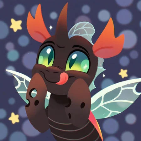 score_9, score_8_up, score_7_up, score_6_up, score_5_up, score_4_up, pikaole, solo, changeling drone, a dark skinned changeling with green eyes and a bald, short pale tail, no cutie mark, no humans, animal focus, animal, tongue out,playful, happy, coy, sparkles, portrait, proud, chin up, source_furry, my little pony, abstract background, rating_safe, soft focus, blurry edges, blurry