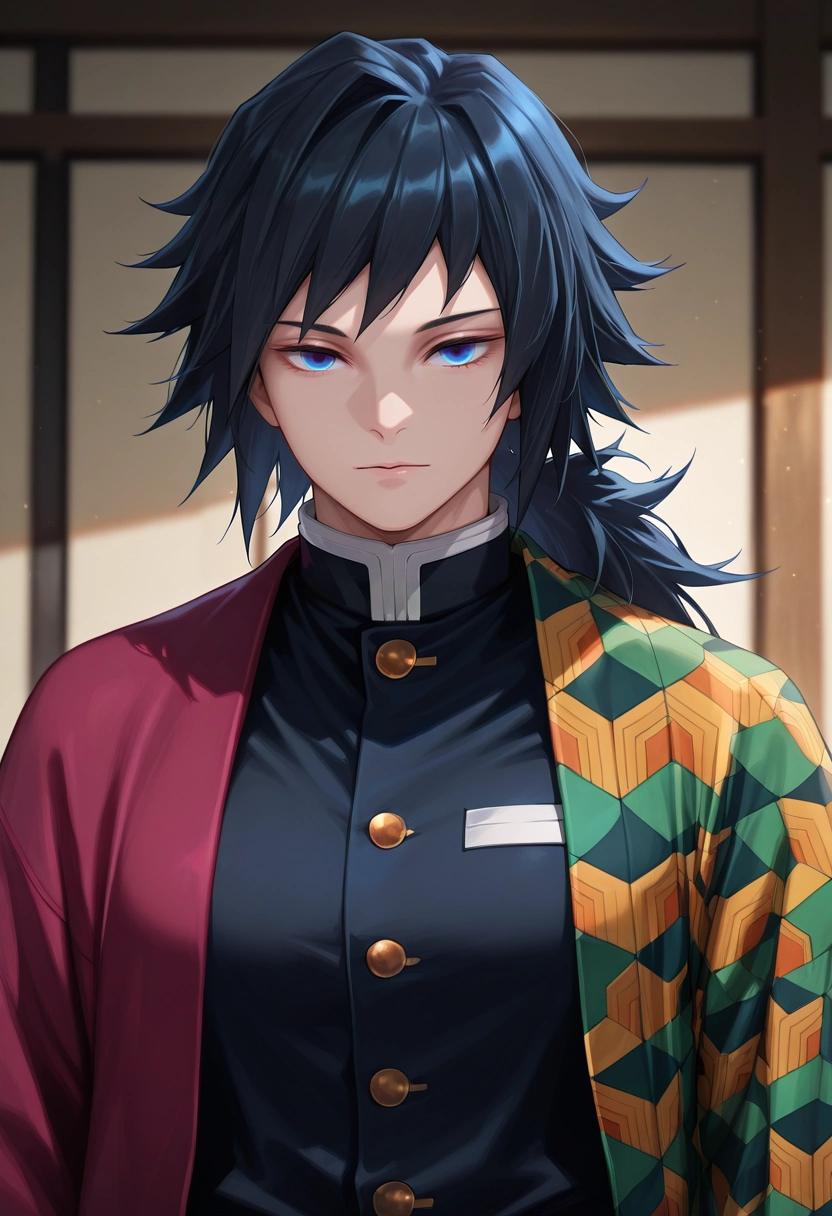 masterpiece, best quality, , (photorealistic:0.6), looking at viewer, 1boy, solo, male focus, <lora:giyuu_tomioka_ilxl:1>, giyuu_tomioka, black hair, blue eyes, bangs, long hair, low ponytail, demon slayer uniform, , ,