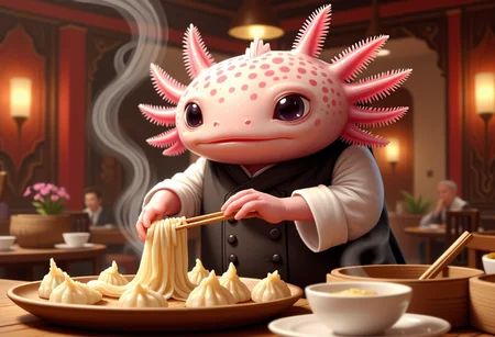 broken age of, axolotl chef, in a dim sum restaurant, steaming dumplings, wearing a traditional Chinese chef's outfit, busy and bustling atmosphere, the axolotl has pink frilly gills and pink skin