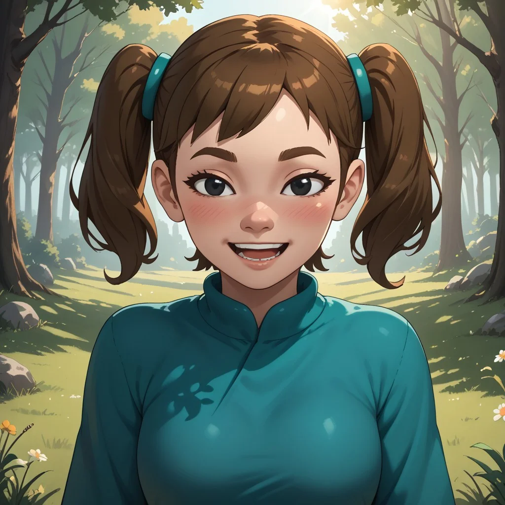 score_9, score_8, BREAK, solo, Mii, Wii, Black Eyes, Half circle eyebrows, big nose, half circle nose, blush, white skin, open mouth, green-ish brown hair, twintails, dark green clothing, 1girl, female mii, Wii Sports Resort, black pants, shoes, cute, medium breasts, Midori_(\Wii_Sports_Resort\), teeth, Nintendo Mii, modern_mii, classic_mii, sexy pose, self portrait, smile, outdoors, sunlight, shadows, evening lighting, natural lighting, forest, trees, grass, orange sky, sunset